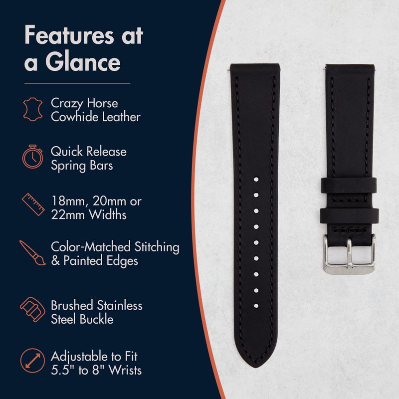 Benchmark Basics Benchmark Leather Watch Band - Crazy Horse Leather Watch Straps for Men & Women - Quick Release Spring Bars (Black, 18mm) - Image 3