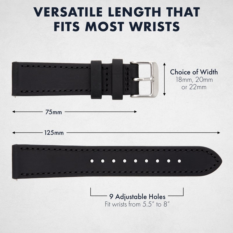 Benchmark Basics Benchmark Leather Watch Band - Crazy Horse Leather Watch Straps for Men & Women - Quick Release Spring Bars (Black, 18mm) - Image 5