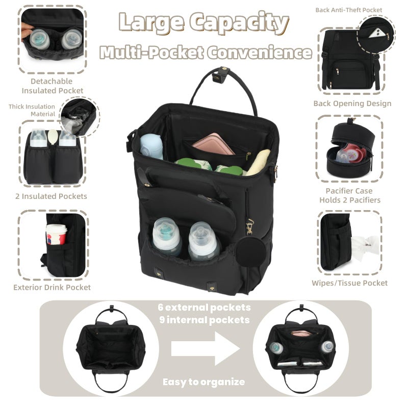 ROSEGIN Breast Pump Backpack & Diaper Bag with Cooler, Fits Spectra S1 S2 Medela, Pumping Bag for Work, Fits 15.6" Laptop, 15 Pockets, Reinforced Zippers, Pacifier Case, Stroller Straps, Black - Image 5