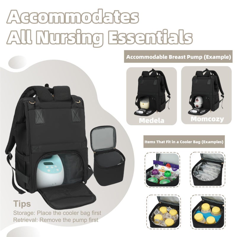 ROSEGIN Breast Pump Backpack & Diaper Bag with Cooler, Fits Spectra S1 S2 Medela, Pumping Bag for Work, Fits 15.6" Laptop, 15 Pockets, Reinforced Zippers, Pacifier Case, Stroller Straps, Black - Image 2