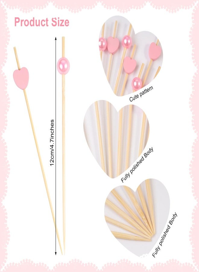 Gvhntk 200 Pcs Heart Cocktail Picks Fancy Pearl Cocktail Toothpicks 4.7 Inch Long Bamboo Cocktail Picks Pink Food Toothpicks for Appetizers Cocktail Dessert Skewers Birthday Wedding Valentines Party - Image 2