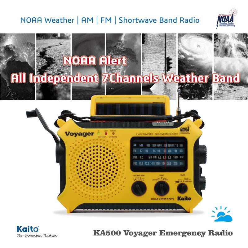 Kaito KA500 5-way Powered Solar Power,Dynamo Crank, Wind Up Emergency AM/FM/SW/NOAA Weather Alert Radio with Flashlight,Reading Lamp and Cellphone Charger, Yellow - Image 4