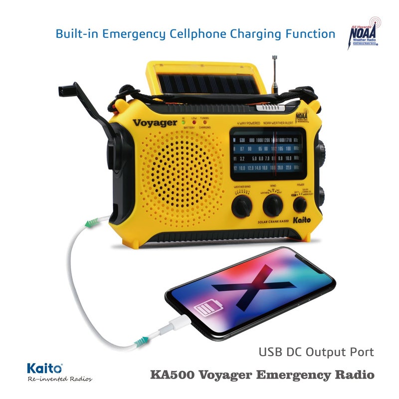 Kaito KA500 5-way Powered Solar Power,Dynamo Crank, Wind Up Emergency AM/FM/SW/NOAA Weather Alert Radio with Flashlight,Reading Lamp and Cellphone Charger, Yellow - Image 3