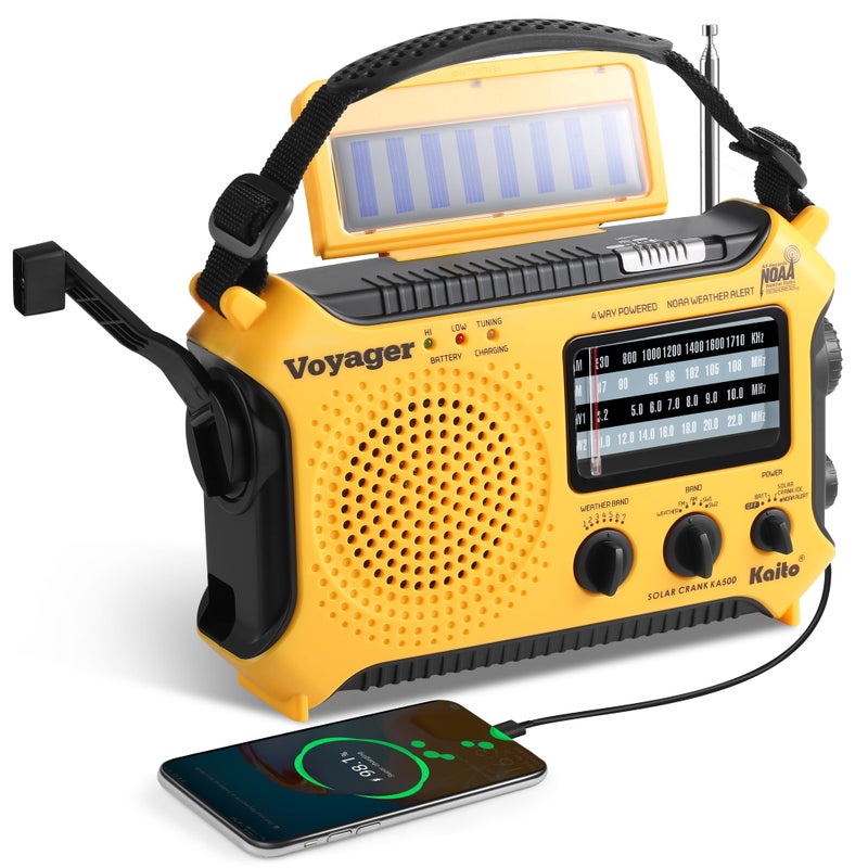 Kaito KA500 5-way Powered Solar Power,Dynamo Crank, Wind Up Emergency AM/FM/SW/NOAA Weather Alert Radio with Flashlight,Reading Lamp and Cellphone Charger, Yellow - Image 1