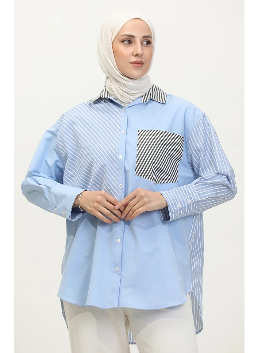 Sefa Merve Garnished Striped Shirt 4811A-01 Blue