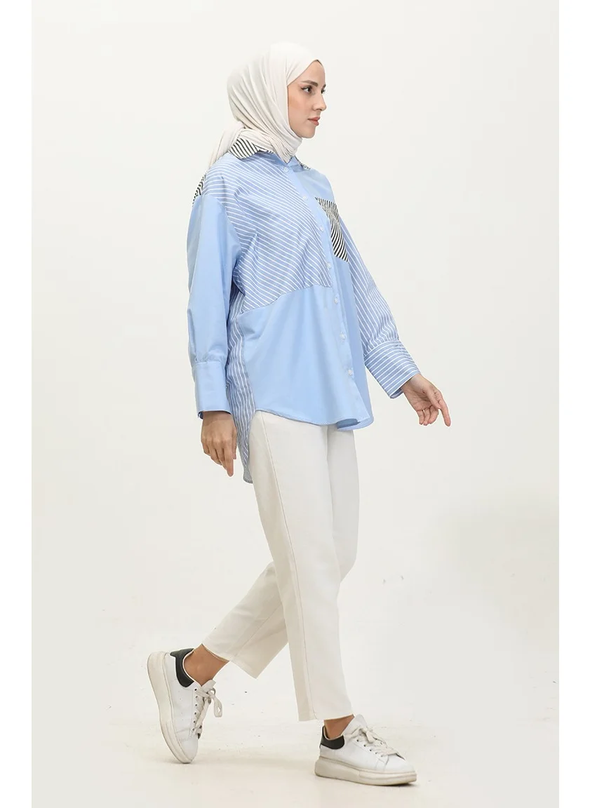 Sefa Merve Garnished Striped Shirt 4811A-01 Blue