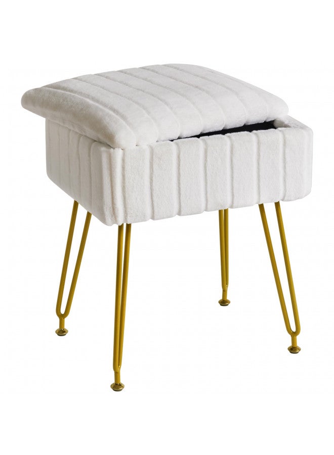 IBUYKE Stool Chair with Storage Space, Footrest Footstool Ottoman, Small Side Table, with 4 Metal Legs, with Anti-Slip Feet, for Makeup Room, Bedroom, White, Faux Fur LG-50W - Image 1