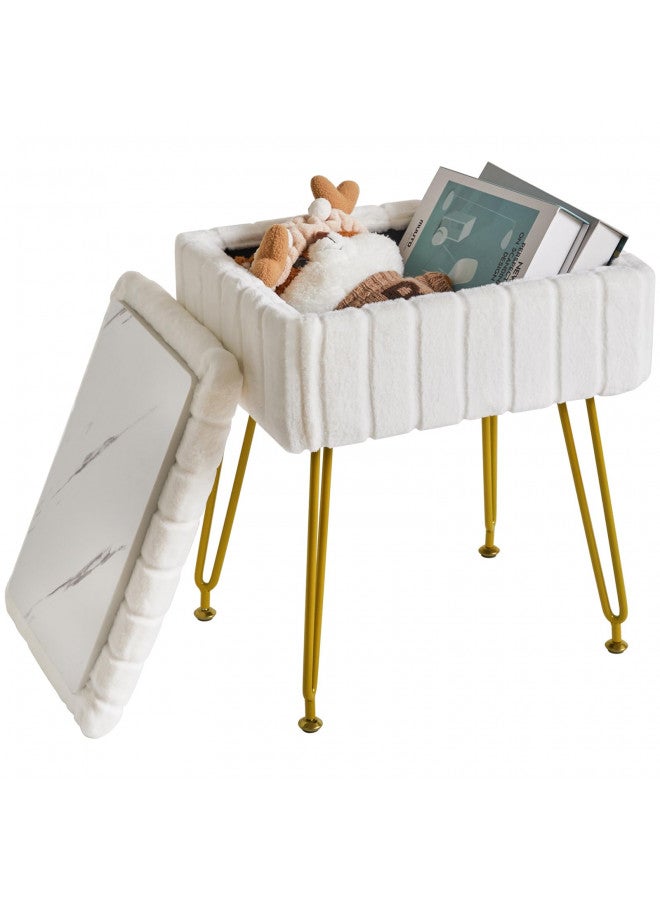 IBUYKE Stool Chair with Storage Space, Footrest Footstool Ottoman, Small Side Table, with 4 Metal Legs, with Anti-Slip Feet, for Makeup Room, Bedroom, White, Faux Fur LG-50W - Image 2