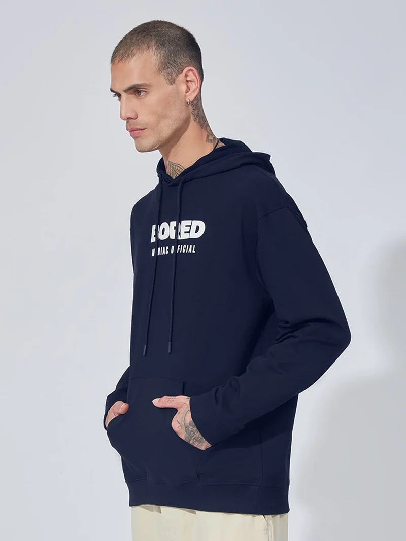 Maniac  Maniac Mens Printed Hooded Neck Full Sleeve Navy and White Cotton Sweatshirt for Men | Best Price UAE