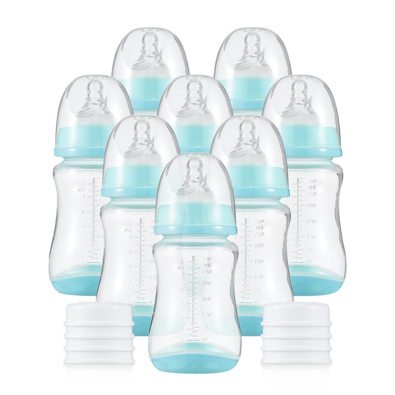 Baby Bottles with Silicone Nipple & Storage Cover Breastfeeding Bottles for Baby Food Grade PP Milk Storage Bottles 240ml Capacity Baby Feeding Bottles Baby Essentials, Green & Pack of 8 - Image 1
