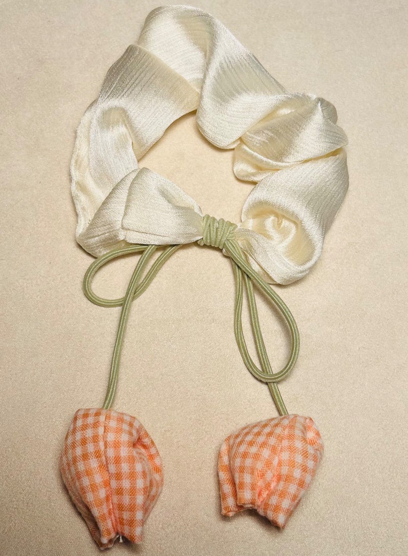 رباط شعر ساتان بلوم الكرز مع لمسات قماش جينغهام – إكسسوار شعر لطيف للنساء والفتيات - Image 1