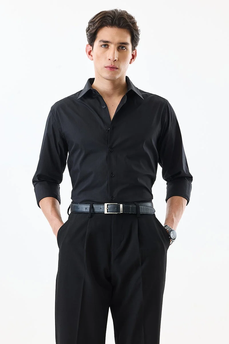 سنيتش Black Solid Long Sleeve Slim Fit Formal Shirt
