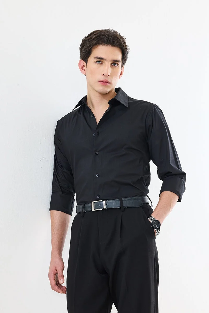 سنيتش Black Solid Long Sleeve Slim Fit Formal Shirt