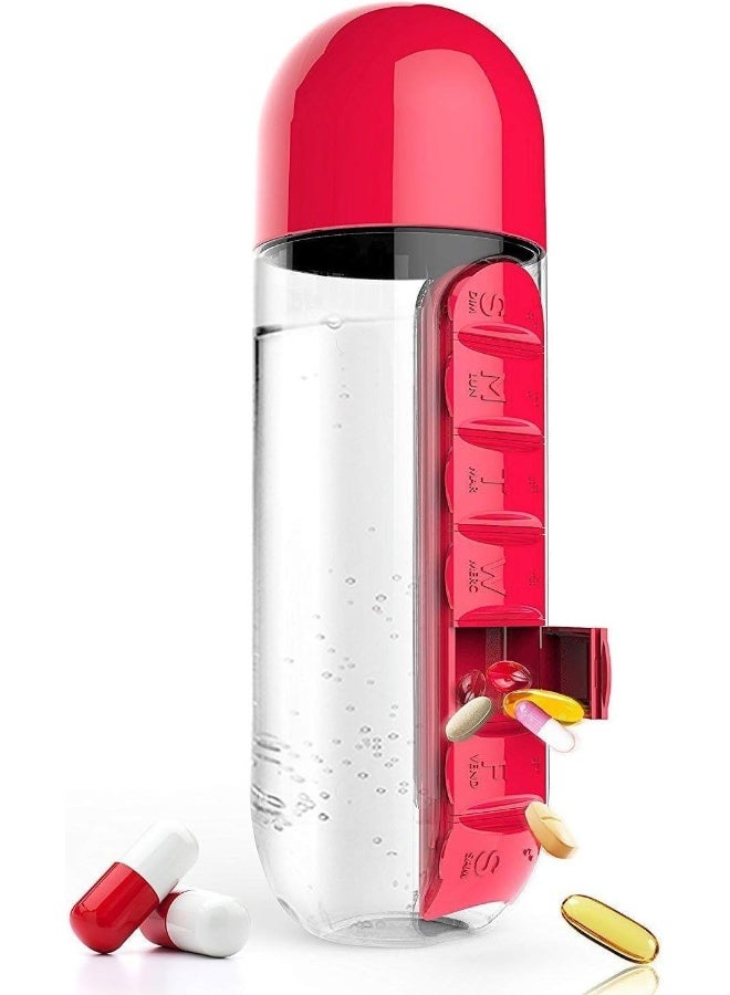 Kevibuy 7-Day Water Bottle with Pill Organizer Case 20 oz | Weekly Pill Holder Reminder Box for Vitamin/Fish Oil/Supplement | Medication Holder with Daily Marker for Sport and Travel 2 in 1 (Red) - Image 1