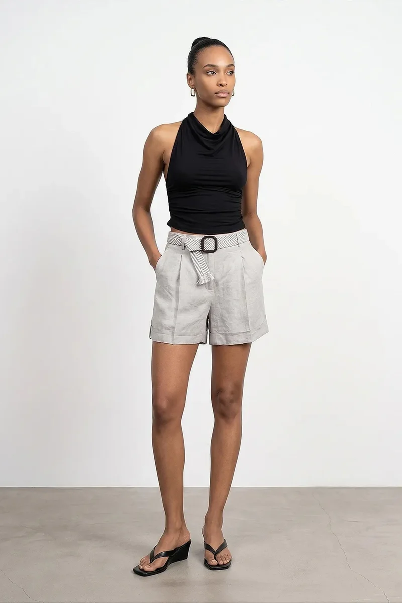 Dilvin Stone Natural DILVIN Women's Linen High-Waist Tailored Shorts for Women | Best Price UAE