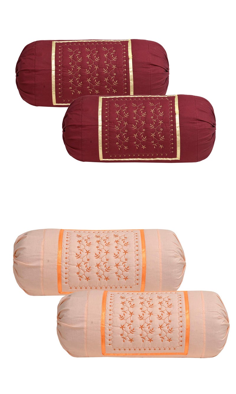 HSR Collection Embroidered Cotton Bolster Round Pillow Covers (Pack of 4, Maroon & Orange) - Image 1