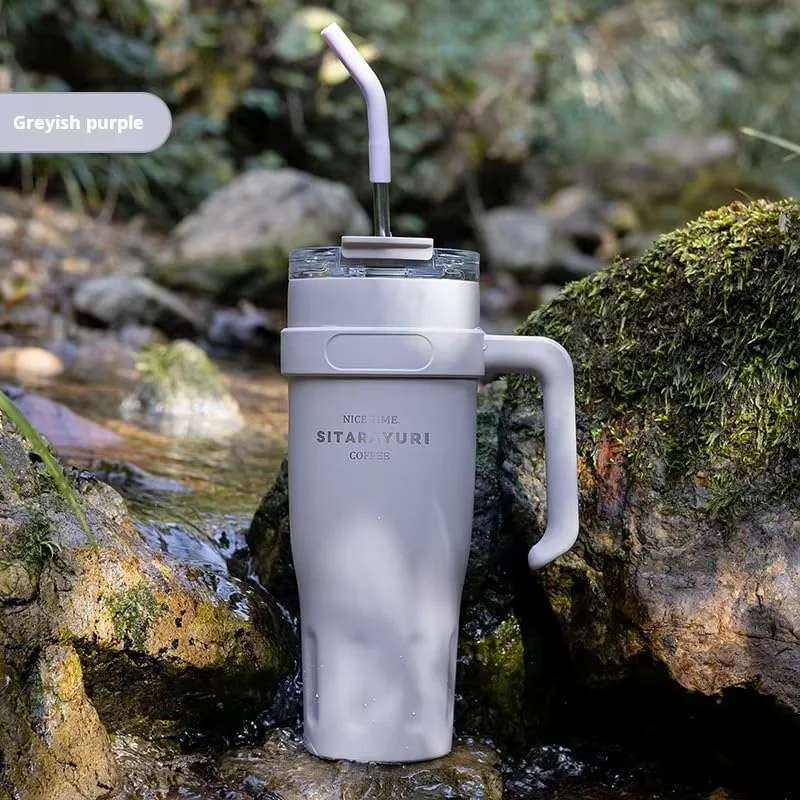 Mobcos 40oz Stainless Steel Tumbler with Handle – Leakproof, Insulated Travel Mug with Lid &amp; Straw – Reusable Double-Wall Vacuum Cup for Hot &amp; Cold Drinks for Girls and Boys for Outdoor (Grey)