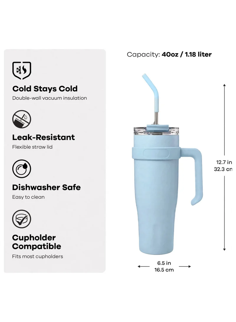 Mobcos 40oz Stainless Steel Tumbler with Handle – Leakproof, Insulated Travel Mug with Lid &amp; Straw – Reusable Double-Wall Vacuum Cup for Hot &amp; Cold Drinks for Girls and Boys for Outdoor (Blue)
