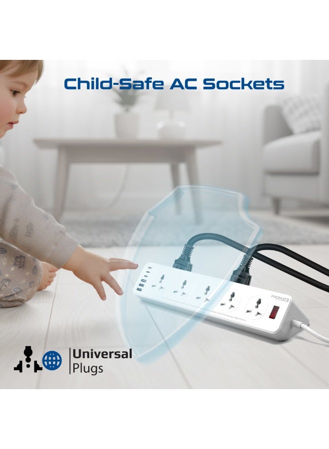 Promate PowerMatrix2-5M 16-in-1 Power Strip with 10 Child-Safe AC Sockets, 3 USB-C, 3 USB-A, 33W PD Output, 5M Cable, 2500W Max Load, Quick Charge, Short Circuit & Overheat Protection - Image 5