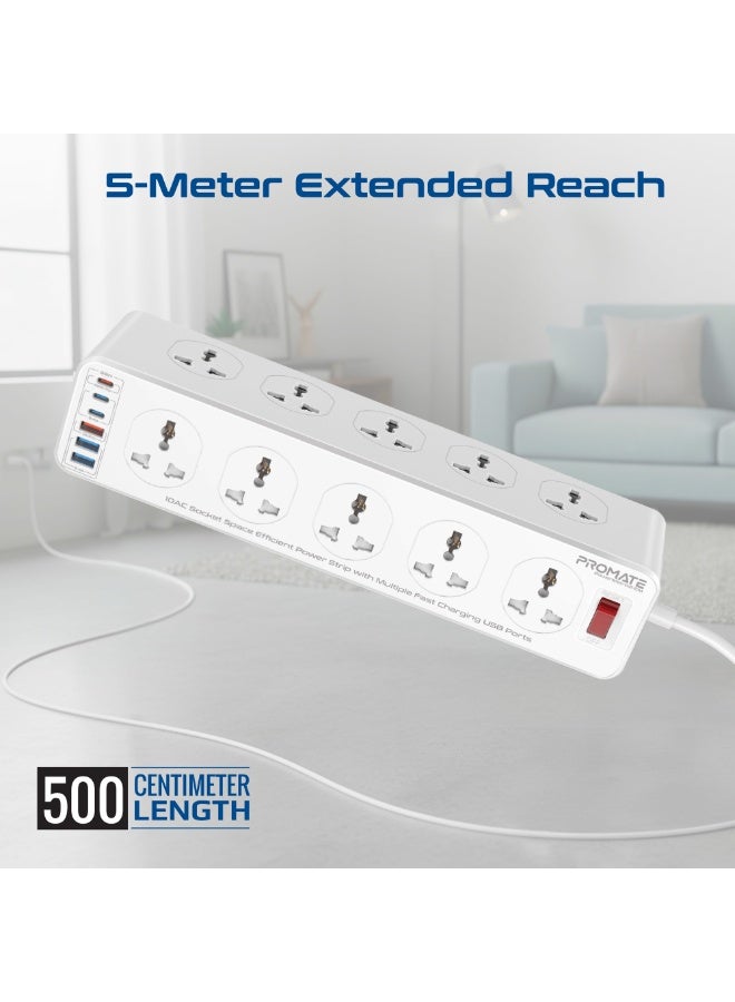 Promate PowerMatrix2-5M 16-in-1 Power Strip with 10 Child-Safe AC Sockets, 3 USB-C, 3 USB-A, 33W PD Output, 5M Cable, 2500W Max Load, Quick Charge, Short Circuit & Overheat Protection - Image 4