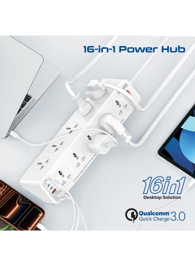 Promate PowerMatrix2-5M 16-in-1 Power Strip with 10 Child-Safe AC Sockets, 3 USB-C, 3 USB-A, 33W PD Output, 5M Cable, 2500W Max Load, Quick Charge, Short Circuit & Overheat Protection - Image 2