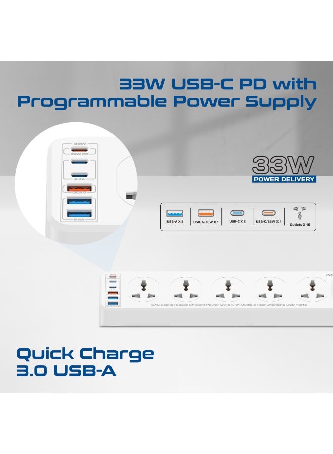 Promate PowerMatrix2-5M 16-in-1 Power Strip with 10 Child-Safe AC Sockets, 3 USB-C, 3 USB-A, 33W PD Output, 5M Cable, 2500W Max Load, Quick Charge, Short Circuit & Overheat Protection - Image 3