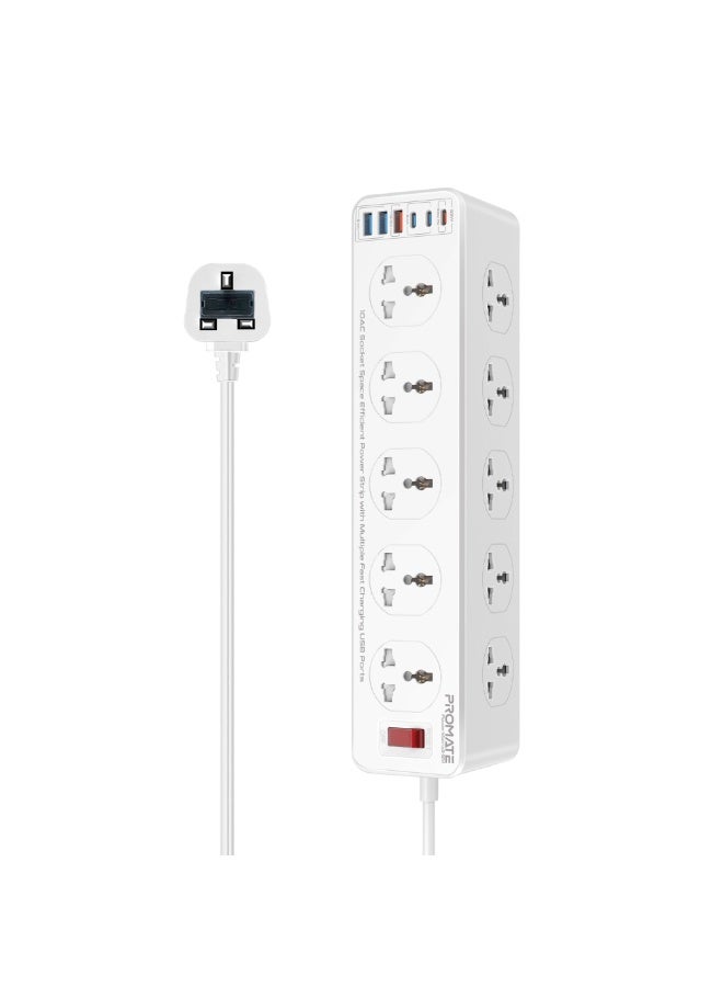 Promate PowerMatrix2-5M 16-in-1 Power Strip with 10 Child-Safe AC Sockets, 3 USB-C, 3 USB-A, 33W PD Output, 5M Cable, 2500W Max Load, Quick Charge, Short Circuit & Overheat Protection - Image 1