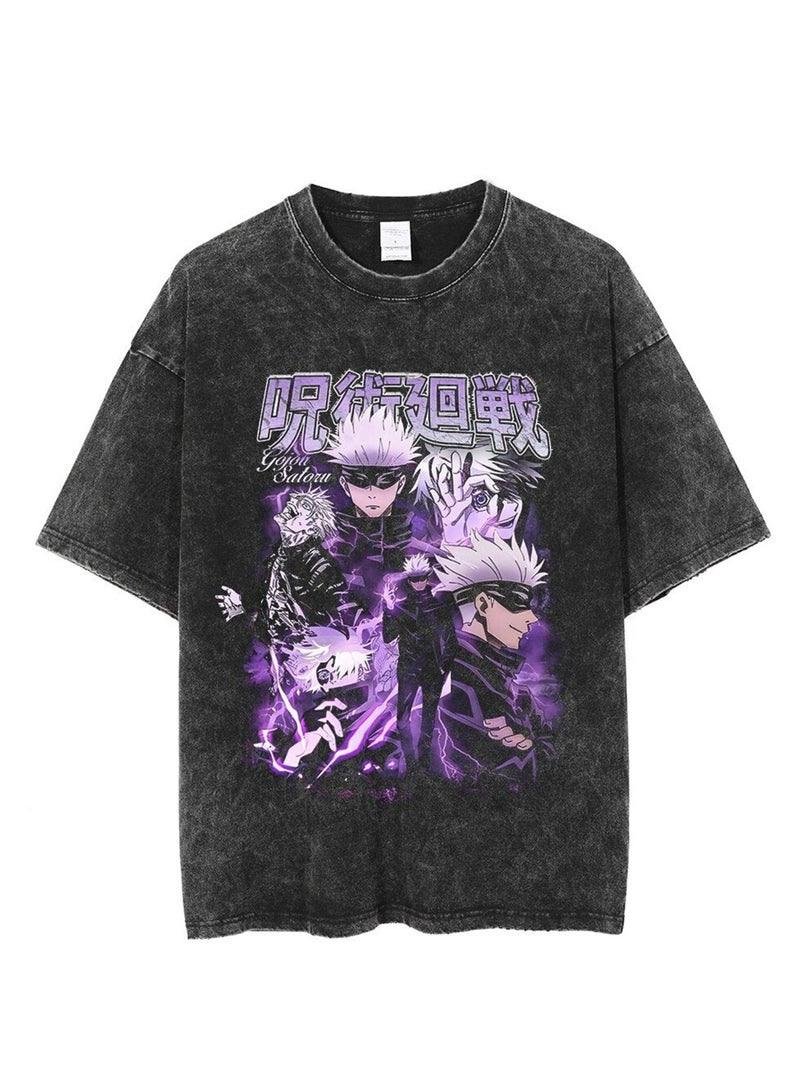 Washed retro T-shirt street hip hop anime Jujutsu Kaisen casual cotton summer short sleeves - Image 1