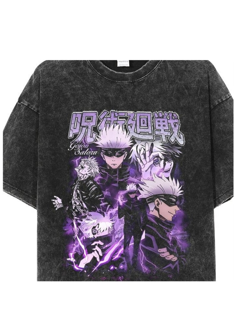 Washed retro T-shirt street hip hop anime Jujutsu Kaisen casual cotton summer short sleeves - Image 4