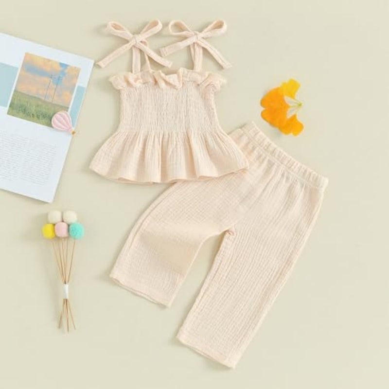 ملابس VISGOGO للفتيات الرضع بلون سادة بدون أكمام بحمالات من الكتان مجموعة ملابس صيفية للأطفال - Image 3