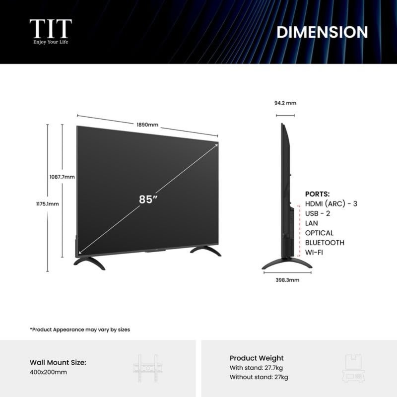 85-Inch 4K QLED Smart TV for living room use, black metal frame, ultra-slim bezel, Dolby Vision HDR10/HLG support, 120Hz HSR gaming mode, Google TV Android 14,Dolby Audio, Wi-Fi + Bluetooth, 3× HDMI (ARC) - Image 3