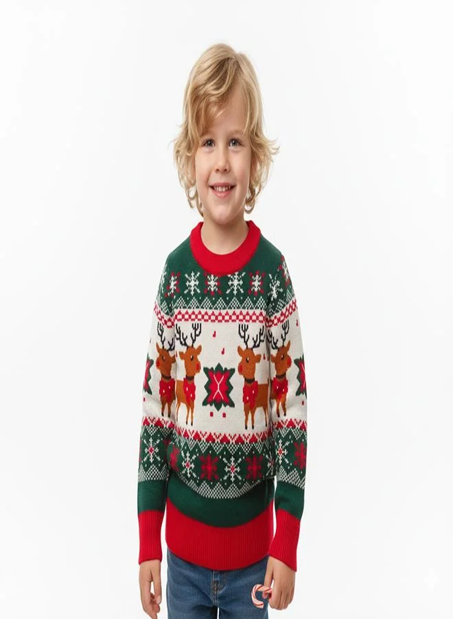 babyqlo Unisex Green Reindeer Fair Isle Christmas Sweater