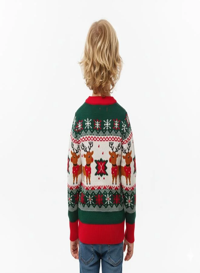 babyqlo Unisex Green Reindeer Fair Isle Christmas Sweater