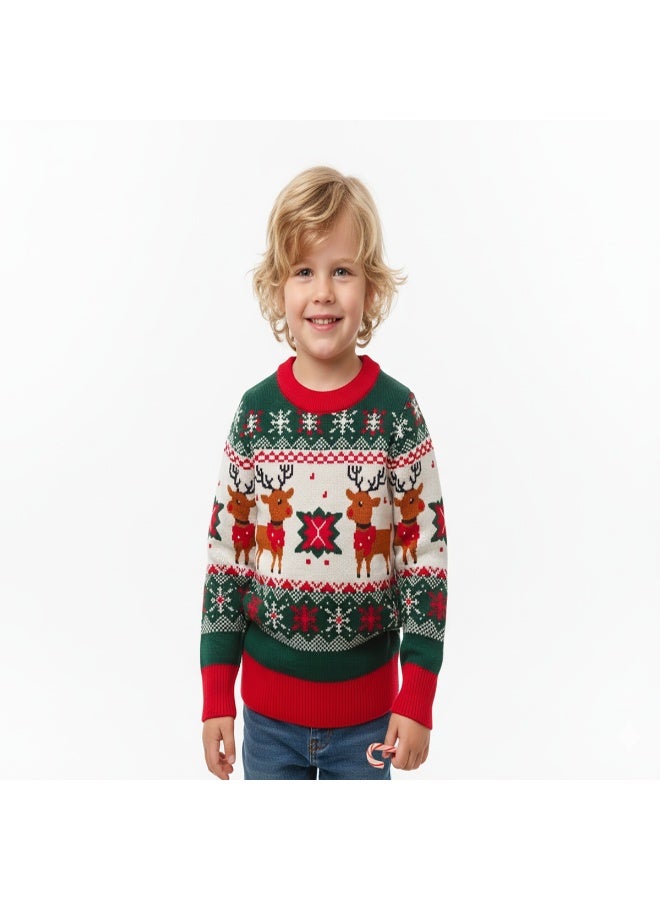 babyqlo Unisex Green Reindeer Fair Isle Christmas Sweater - Image 1