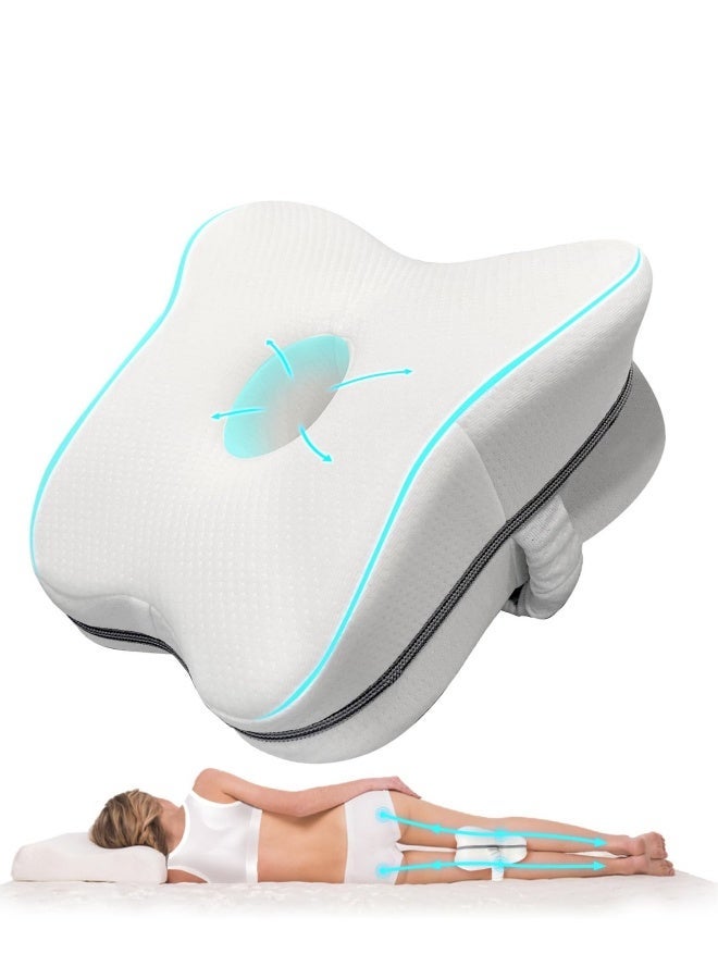 Ergonomic Memory Foam Knee Pillow for Side Sleepers - Contoured Support for Back, Hips  Knees, Pain Relief for Sciatica  Pregnancy, Breathable Cover with Adjustable Strap