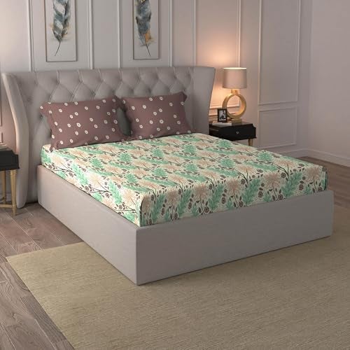 MYTRIDENT Comfort Living Queen Sheet Set, 100% Cotton Bed Sheets for Double Bed, 3-Piece Set, 1 Bedsheet and 2 Pillowcases, Soft & Smooth 120 Thread Count, Queen Size Sheet, Serene Brown, 120 TC - Image 1