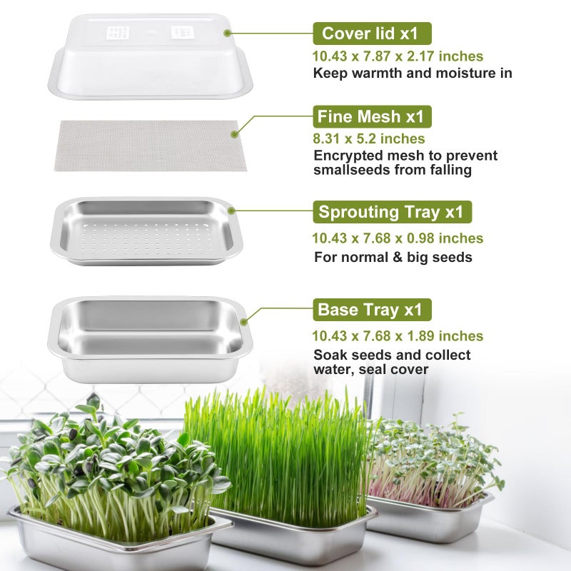 Ferrochef 1 Pack Seed Sprouting Kit with Lid, 10.4 Inch Stainless Steel Soilless Culture Germination Tray, Microgreens Growing Kit, Encrypted Mesh Seed Starter Tray for Beans Alfalfa Broccoli Wheat Grass - Image 3