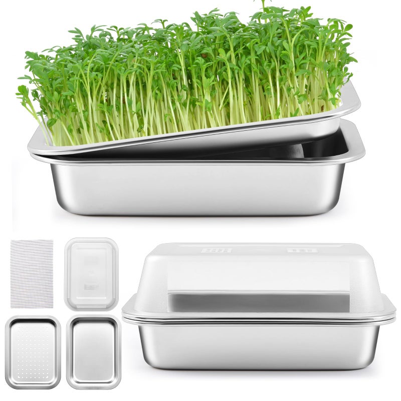 Ferrochef 1 Pack Seed Sprouting Kit with Lid, 10.4 Inch Stainless Steel Soilless Culture Germination Tray, Microgreens Growing Kit, Encrypted Mesh Seed Starter Tray for Beans Alfalfa Broccoli Wheat Grass - Image 1