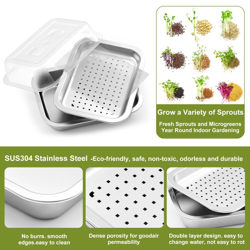 Ferrochef 1 Pack Seed Sprouting Kit with Lid, 10.4 Inch Stainless Steel Soilless Culture Germination Tray, Microgreens Growing Kit, Encrypted Mesh Seed Starter Tray for Beans Alfalfa Broccoli Wheat Grass - Image 4