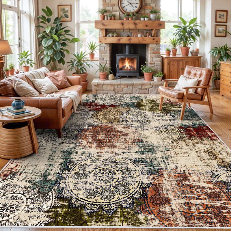 BYYVOO BYYVVO 9x12 Living Room Area Rugs - Washable Abstract Large Rug Ultra Soft Non-Slip Carpets for Bedroom Stain Resistant Low Pile Carpet Indoor Home Decor Mat 9x12 Red Green Multi - Image 2