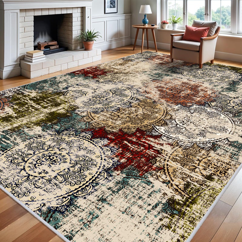 BYYVOO BYYVVO 9x12 Living Room Area Rugs - Washable Abstract Large Rug Ultra Soft Non-Slip Carpets for Bedroom Stain Resistant Low Pile Carpet Indoor Home Decor Mat 9x12 Red Green Multi - Image 1