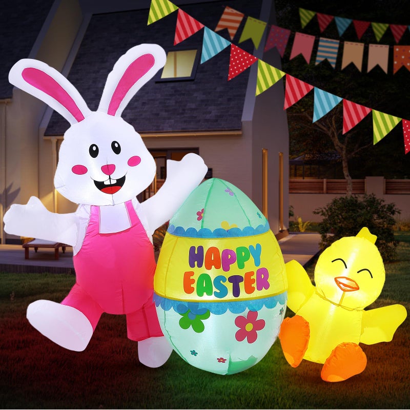 Elegear 5FT Easter Inflatables Bunny & Chick Outdoor Decoration, Lighted Easter Blow Up Yard DÃ©cor with Colorful Egg for Lawn, Garden, Holiday Party & Spring Display - Image 1
