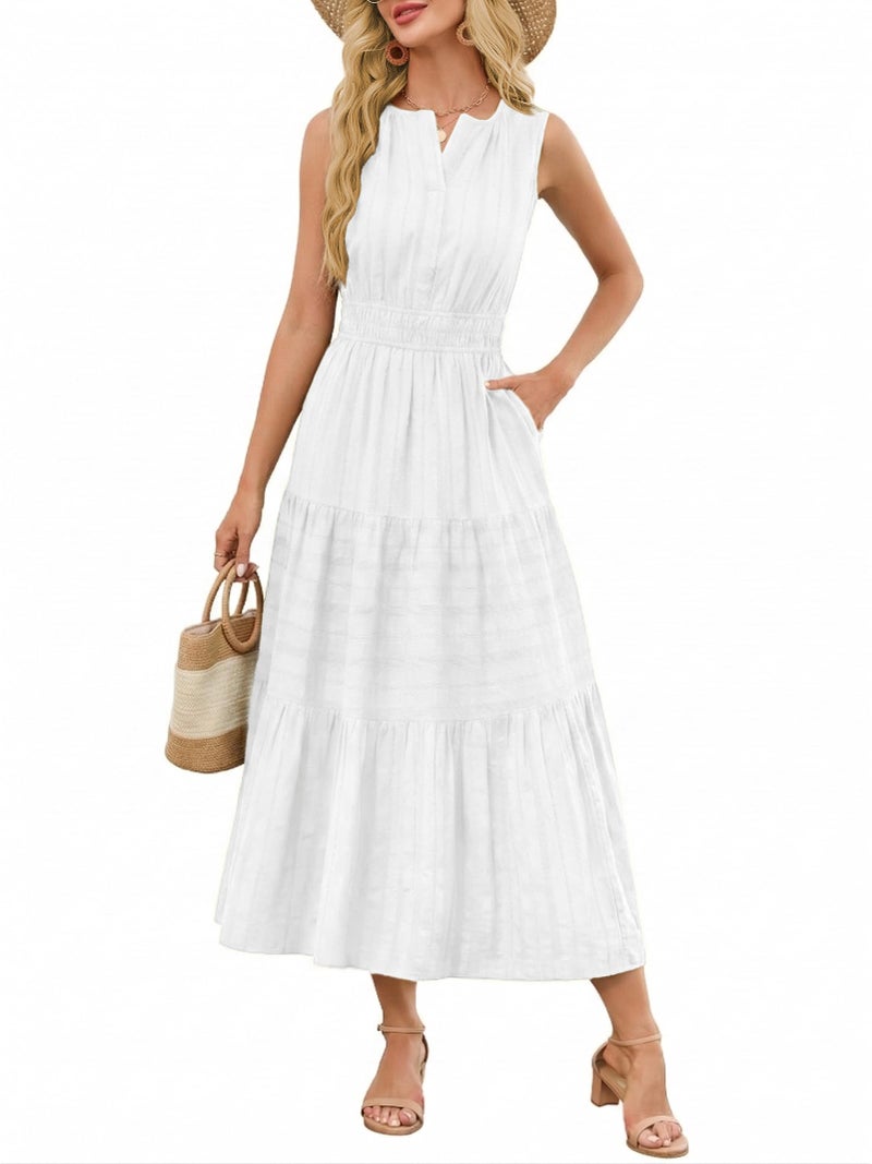 Funlingo Womens White Summer Maxi Dress Business Casual Sleeveless Flowy Smocked Trim Midi Dresses with Pockets for Vacations Graduation Wedding Vestidos Blancos para Mujer M - Image 1