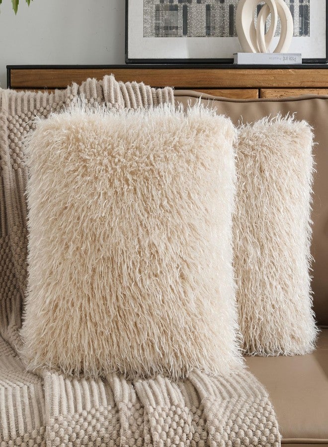 FUTEI Pack of 2 Shaggy Mongolian Faux Wool Throw Pillow Covers 18x18 Inch Soft Fluffy Farmhouse Decorative Cushion Case for Couch Bed Living Room, Beige - Image 1
