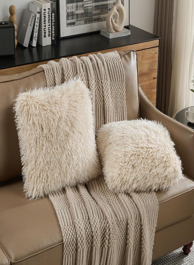 FUTEI Pack of 2 Shaggy Mongolian Faux Wool Throw Pillow Covers 18x18 Inch Soft Fluffy Farmhouse Decorative Cushion Case for Couch Bed Living Room, Beige - Image 4