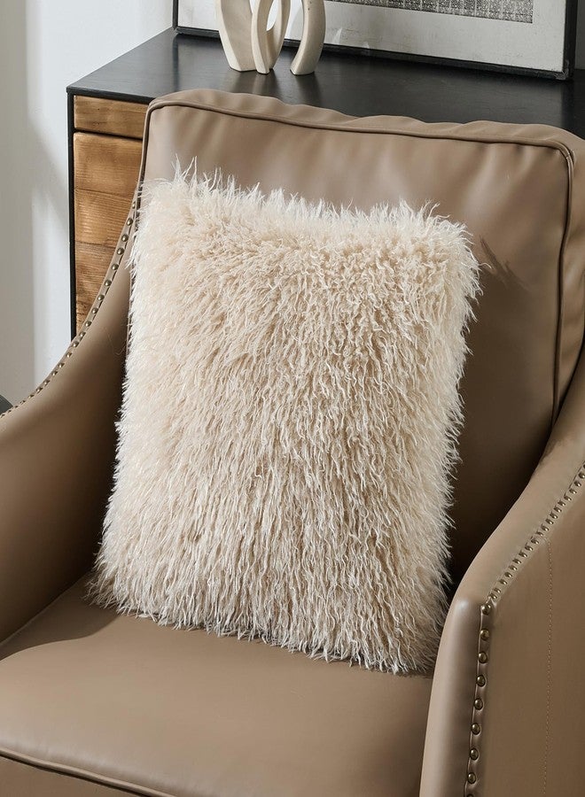 FUTEI Pack of 2 Shaggy Mongolian Faux Wool Throw Pillow Covers 18x18 Inch Soft Fluffy Farmhouse Decorative Cushion Case for Couch Bed Living Room, Beige - Image 5