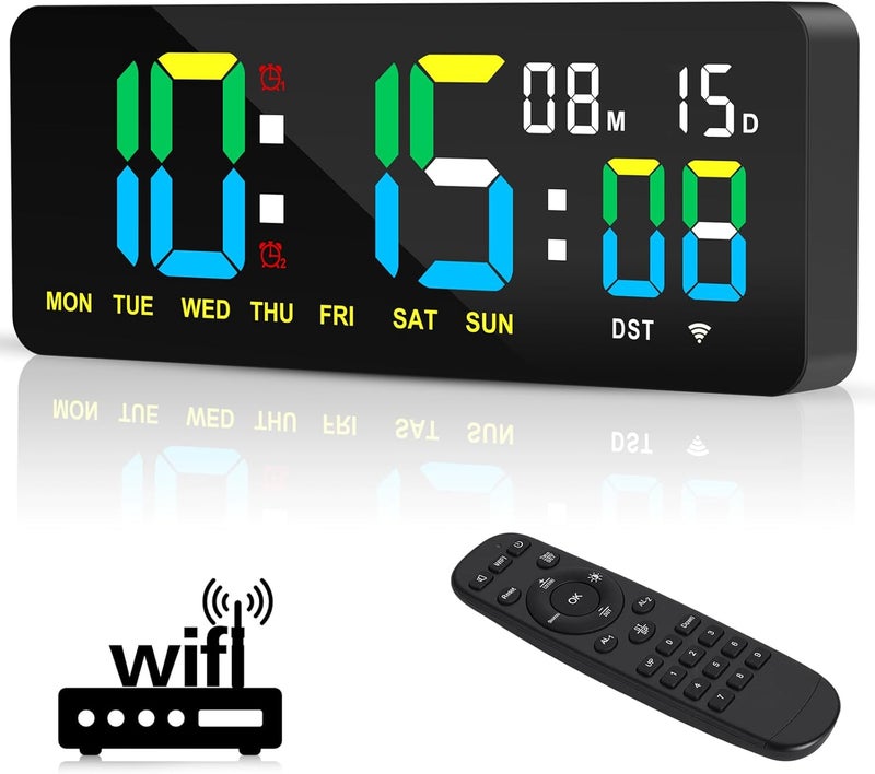 XREXS 12.2 Inch Digital Wall Clock WiFi Sync with Remote Control, Large LED Screen with Time/Calendar/Seconds Display, Count Up & Down Timer, 2 Alarm Clock for Home, Office and Classroom - Image 1