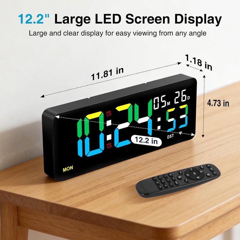 XREXS 12.2 Inch Digital Wall Clock WiFi Sync with Remote Control, Large LED Screen with Time/Calendar/Seconds Display, Count Up & Down Timer, 2 Alarm Clock for Home, Office and Classroom - Image 4