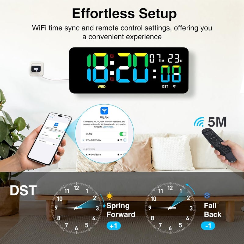 XREXS 12.2 Inch Digital Wall Clock WiFi Sync with Remote Control, Large LED Screen with Time/Calendar/Seconds Display, Count Up & Down Timer, 2 Alarm Clock for Home, Office and Classroom - Image 3