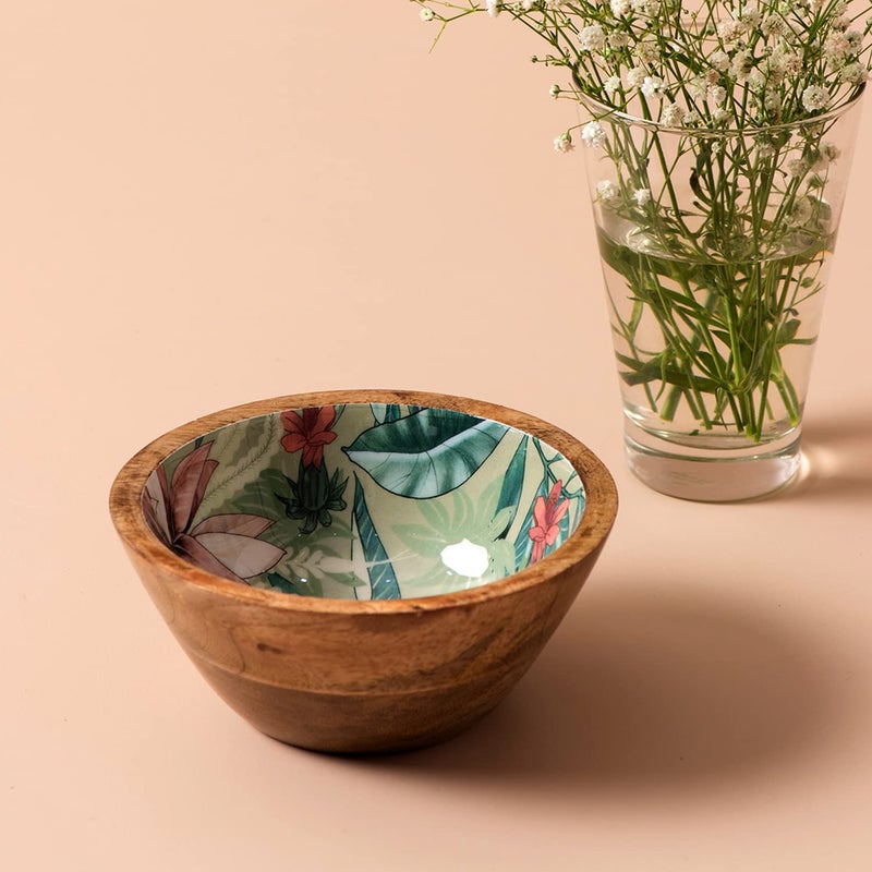nestroots Wooden Serving Bowl for Snacks & Dry Fruits | Green Printed Multipurpose Bowl for Dining & Kitchen| Handcrafted Snacks Bowl (6 Inches, Set of 1) - Image 2